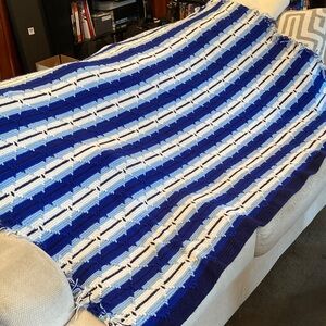 Blue and White Striped Afghan Throw Blanket